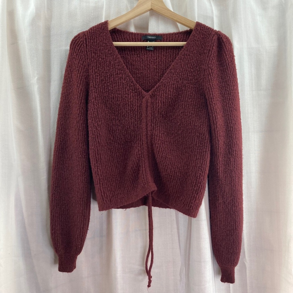 Forever 21 Burgundy Ribbed V Neck Drawstring Cropped Sweater Top Womens Small‎